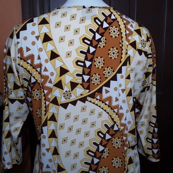 Linea By Louis Dell’Olio Yellow Brown Black Motif V-neck Blouse 2X - Picture 4 of 11